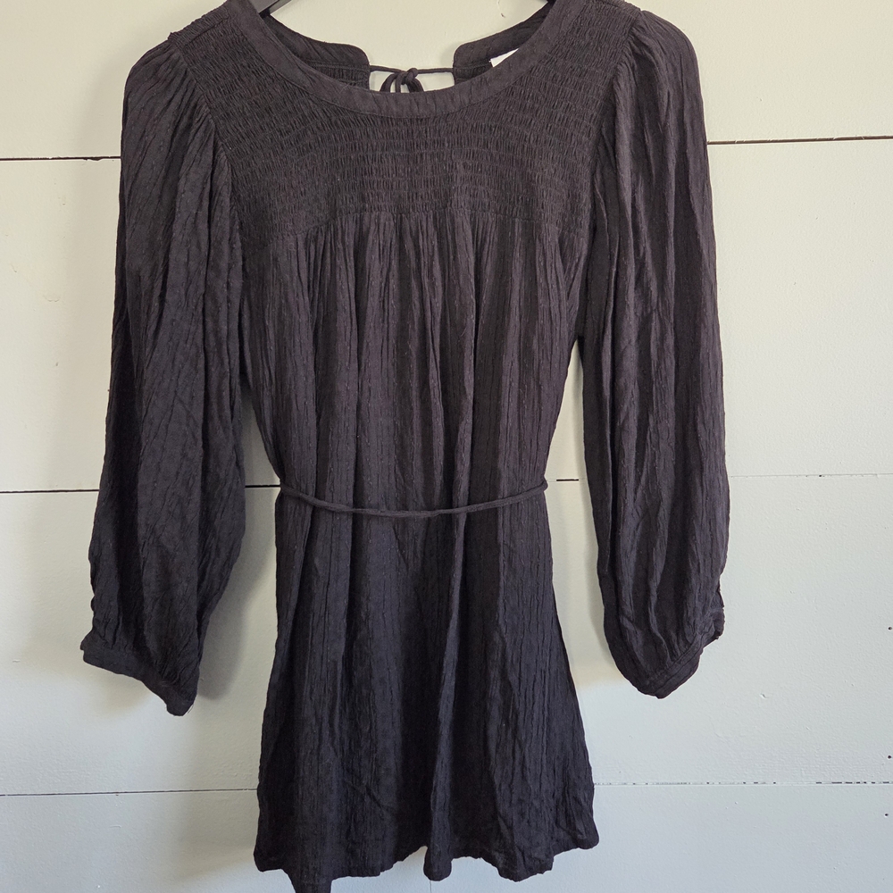 Motherhood Maternity Smocked Tie Back Balloon Sleeve Tunic Blouse Black Women M